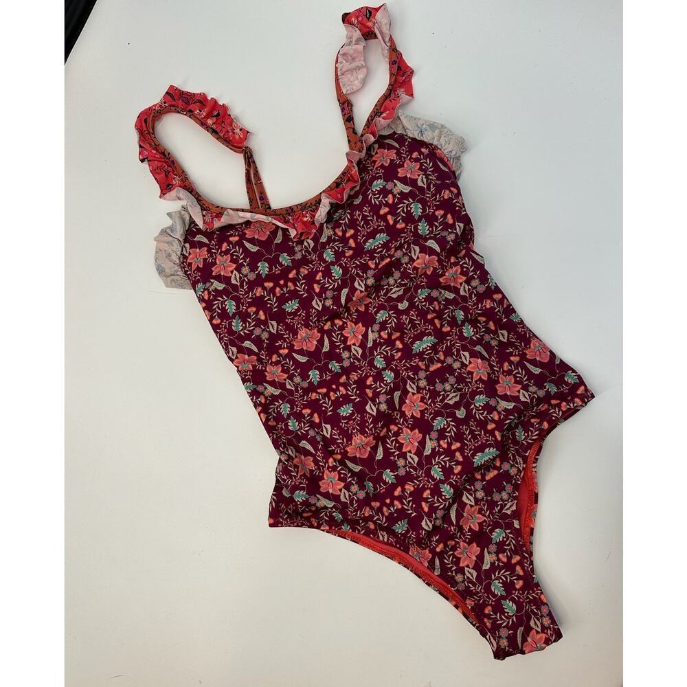 Floral Ruffle One-Piece Swimsuit - Burgundy Pink